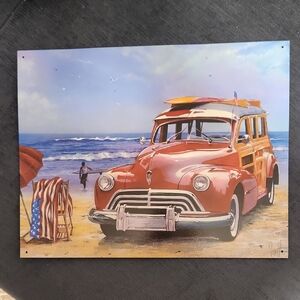 Vintage Surfin USA Woodie Station Wagon Tin Metal Signed Poster 16"x12.5"